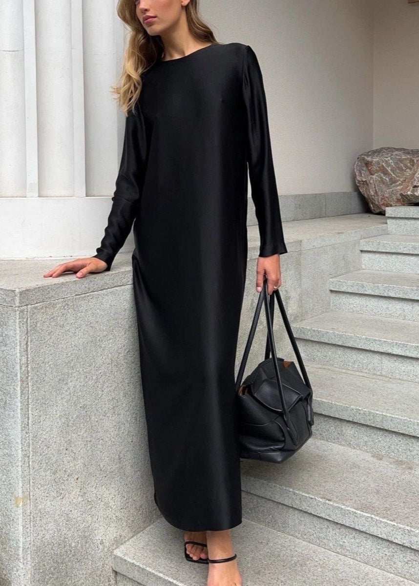 Vestido maxi de manga larga verde salvia – aspecto satinado minimalista