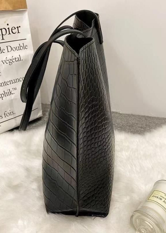 Bolso tote grande de hombro negro de cuero PU con relieve de cocodrilo