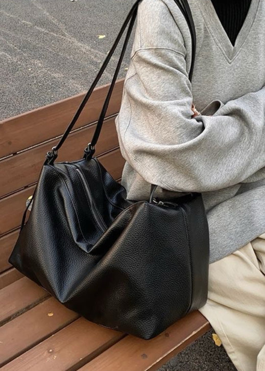 Bolso grande y suave de hombro – Bolso hobo tote de cuero PU negro para mujer