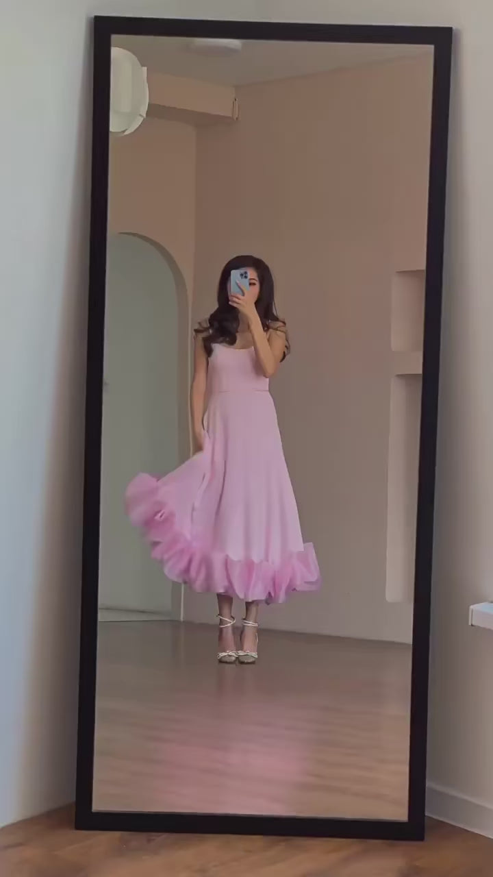 Serenity Ruffle Hem Midi Dress – Spaghetti Strap Fit & Flare Dress