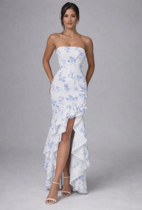 Élégance Florale - Robe Maxi Volantée Sans Bretelles