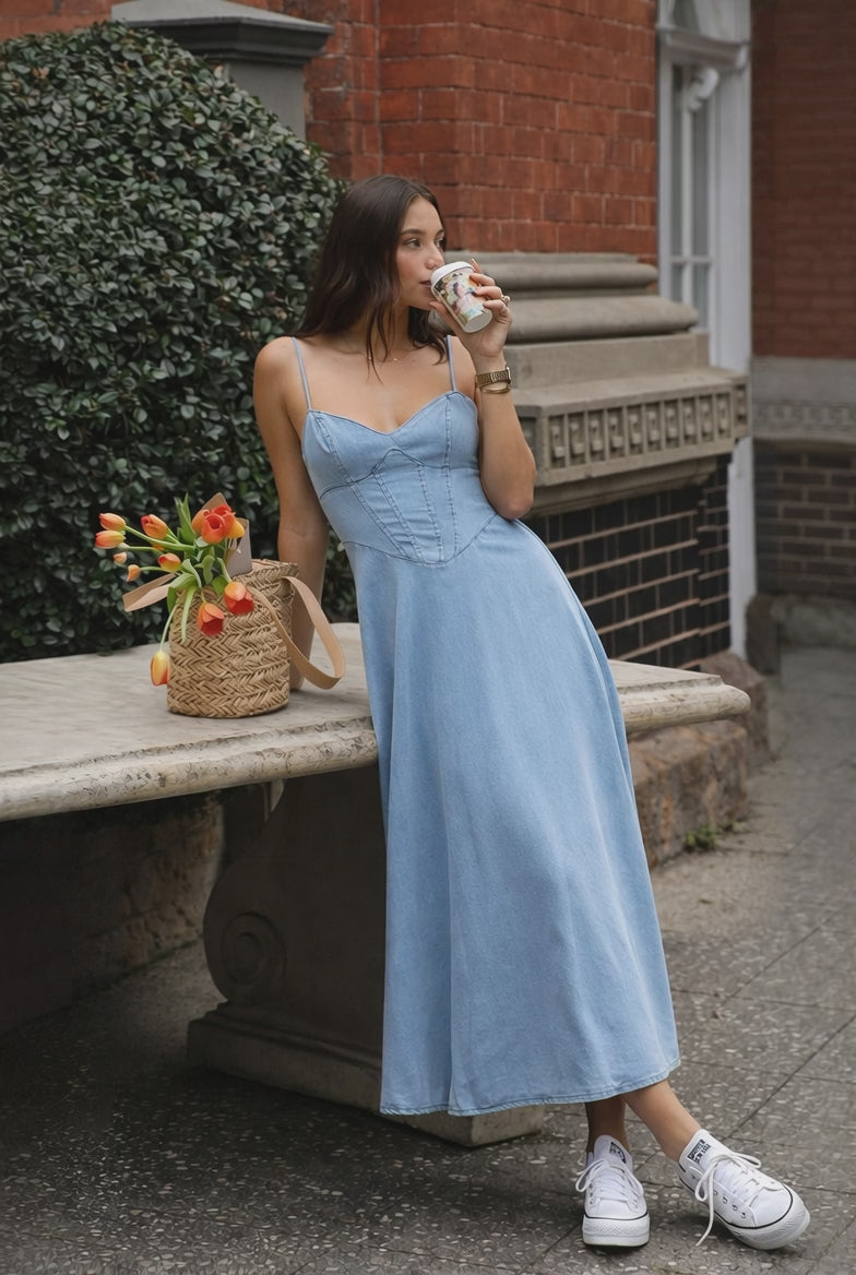 Sunday Corset Denim Dress – Light Blue Fit-and-Flare Midi26