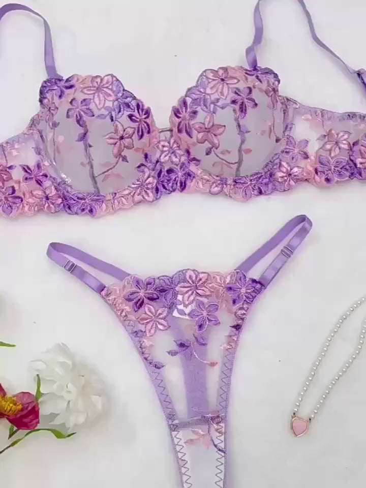 Lilac Blossom Embroidered Lingerie Set