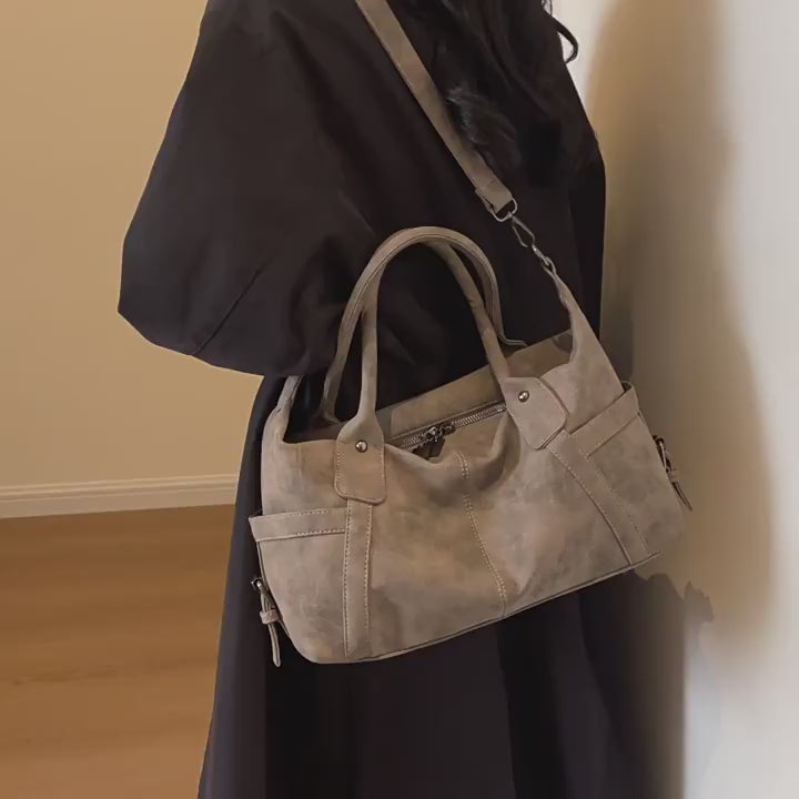 Faux Suede Shoulder Bag – Medium Tote with Top Handles and Crossbody Strap
