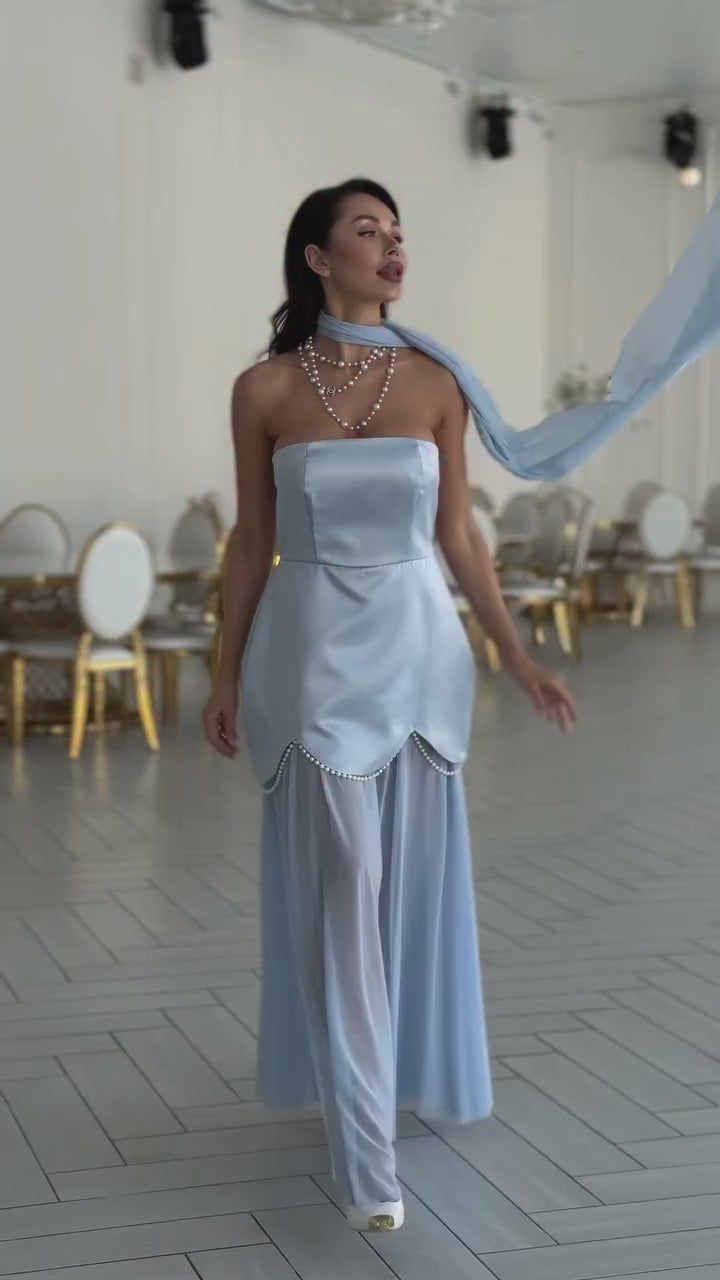 Aurelia Pearl Drape Maxi Dress – Strapless Corset Evening Gown with Scarf Detail