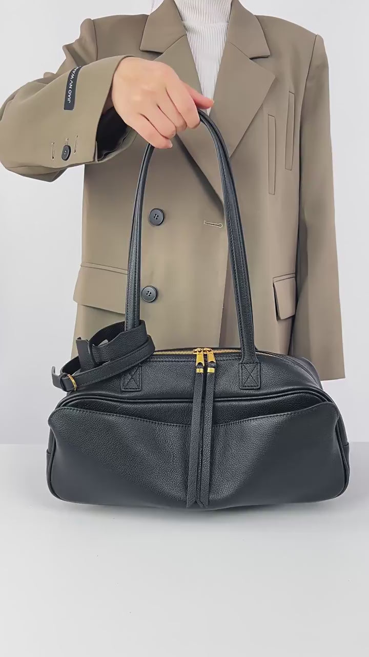 Bolso de hombro estructurado de cuero PU negro – bolso tote rectangular compacto
