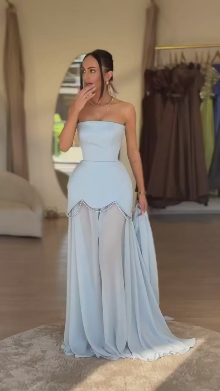 Aurelia Pearl Drape Maxi Dress – Strapless Corset Evening Gown with Scarf Detail