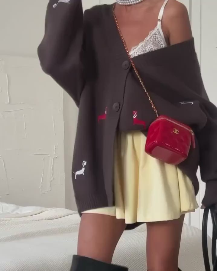 Oversized Brown Dog Embroidered Knit Cardigan