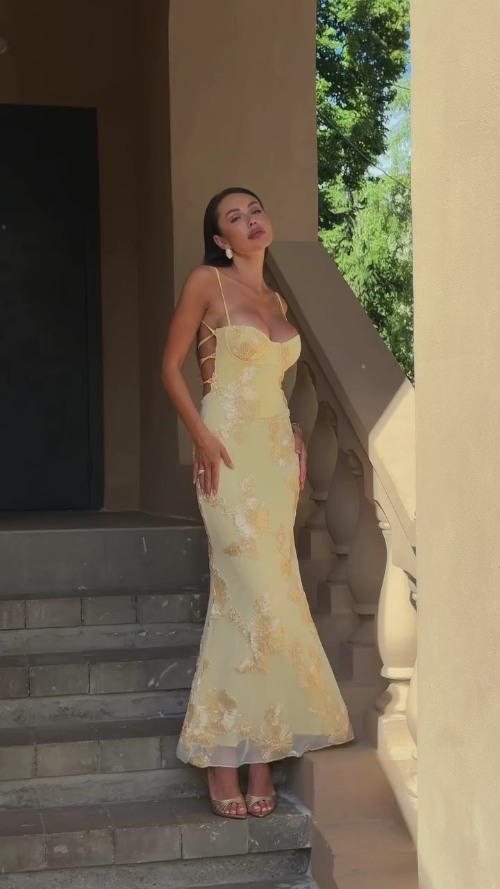 Solara Lemon Embroidered Mermaid Maxi Dress – Lace-Up Back Evening Gown