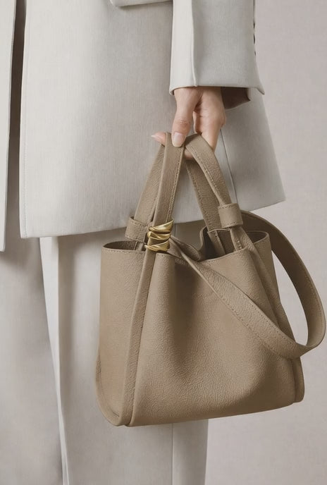 modern bucket tote bag genuine leather minimalist women handbag with gold hardware