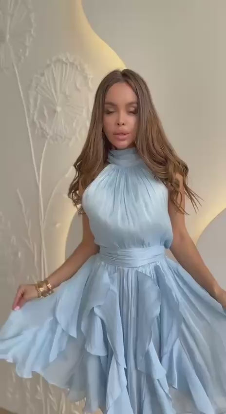 Celestia Sky Blue Halter Ruffle Mini Dress