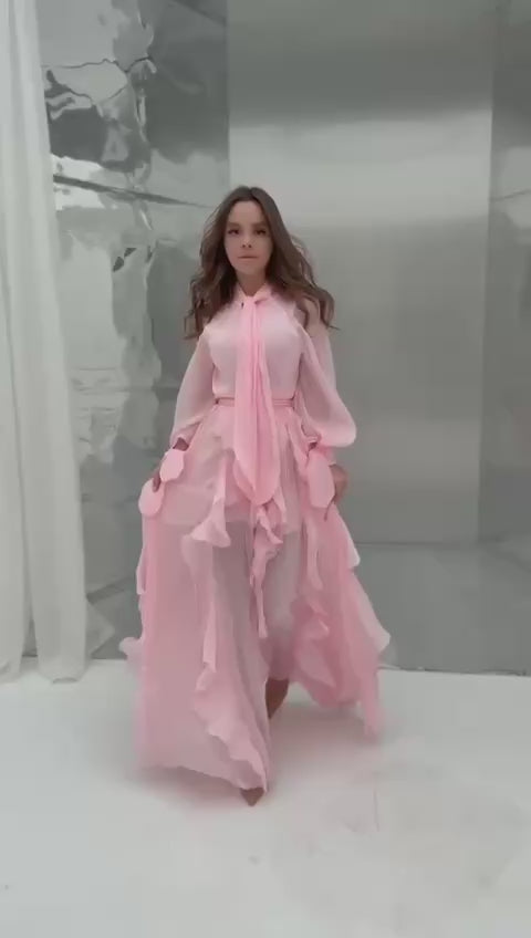 Celestine Ruffle Maxi Dress with Tie Neck & Romantic Long Sleeves