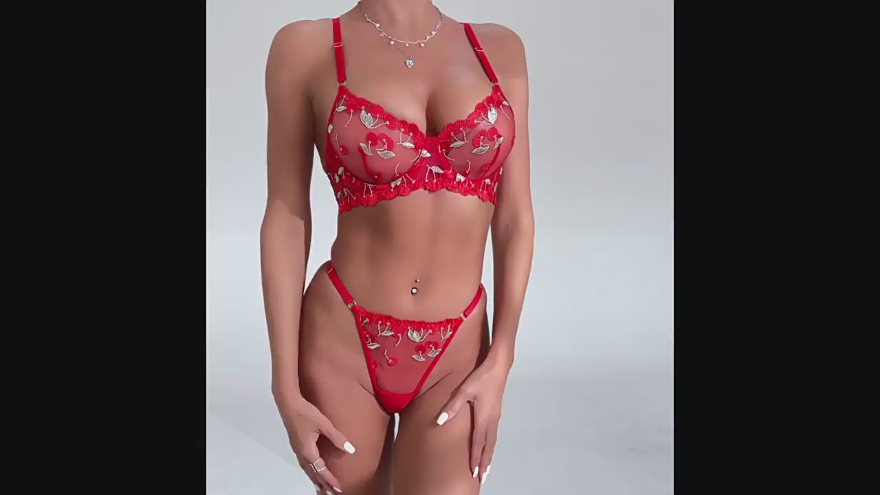 Crimson Bloom - Embroidered Sheer Bra & Panty Set