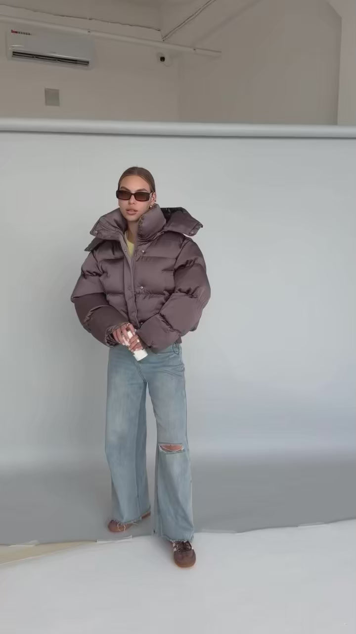 Cropped Puffer Jacket with Oversized Sleeves and High Collar