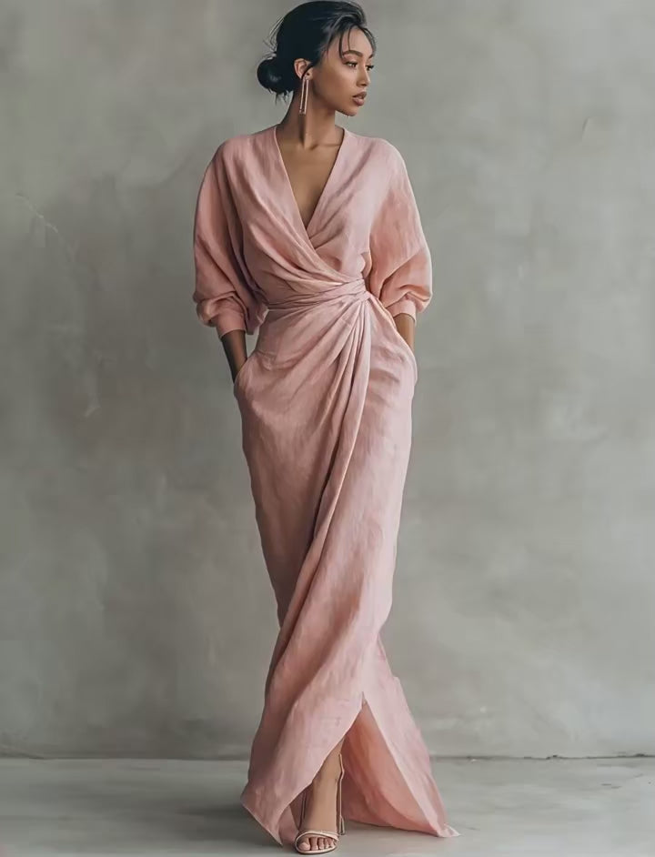 Blush Linen Wrap Maxi Dress – Long Sleeve Elegant Summer Dress