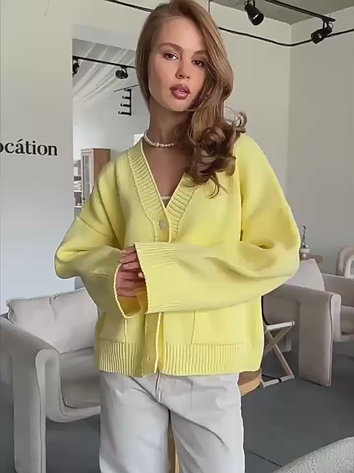Bright Yellow Oversized Cardigan - Women’s V-Neck Knit Sweater