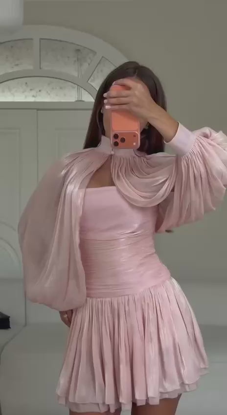 Pink Mini Dress with Cape-Effect Balloon Sleeves and Ruched Bodice