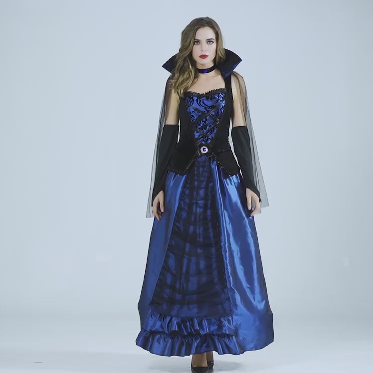 Midnight Duchess - Women’s Blue and Black Vampire Costume Gown with High Collar