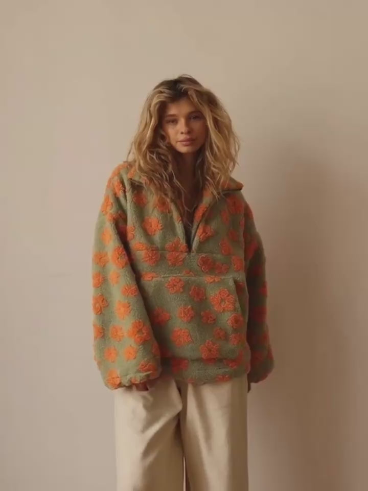 Floral Sherpa Half-Zip Pullover Jacket – Cozy Oversized Fleece Top