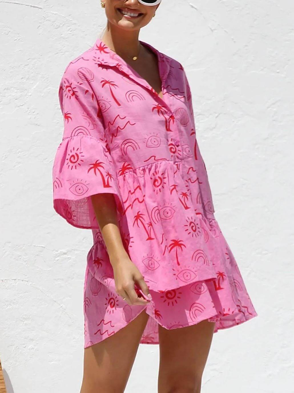 Sunny Siesta - Ethnic Style Loose Shirt Short Dress