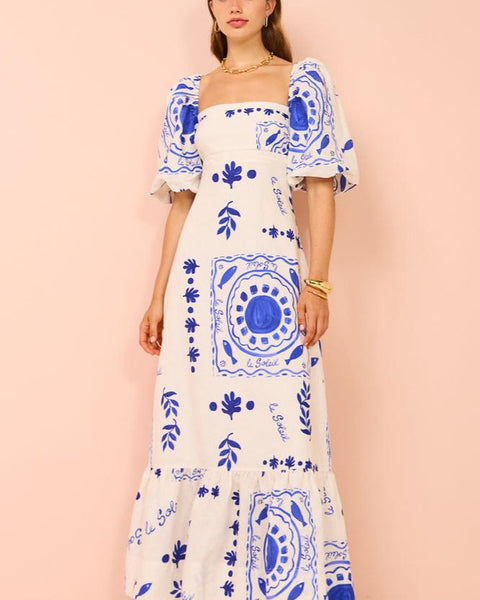 Mediterranean-Puff Sleeve Midi Dress