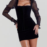 Enchanted Velvet - Black Velvet Mini Dress - VibeSoothe