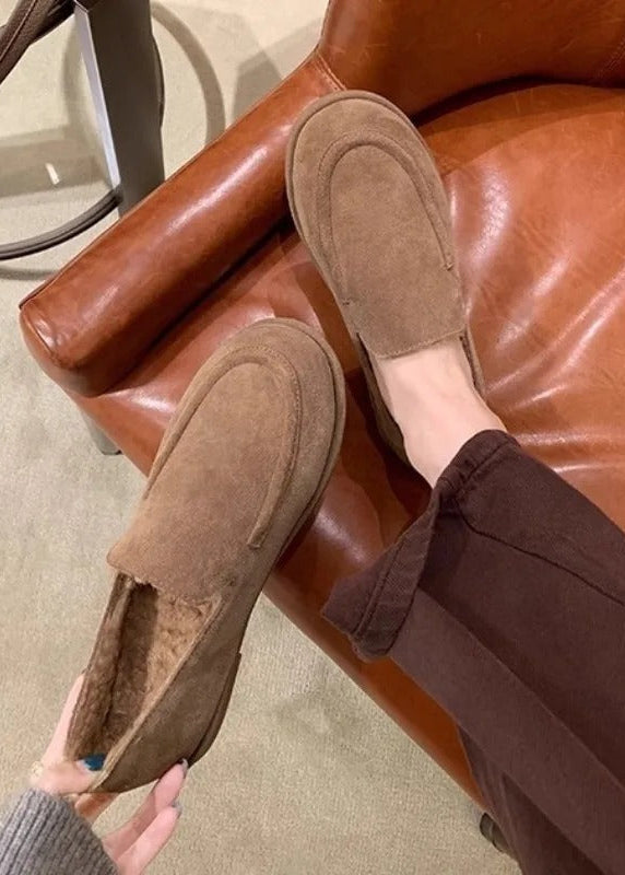 Suede-Look Plush-Lined Loafers with Rounded Moc Toe